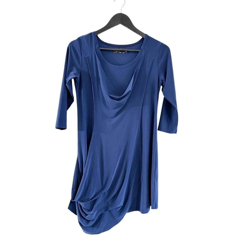 Sympli Signature Stretch 3/4 Tunic Top Blue Size 6 Draped Neck Asymmetrical
